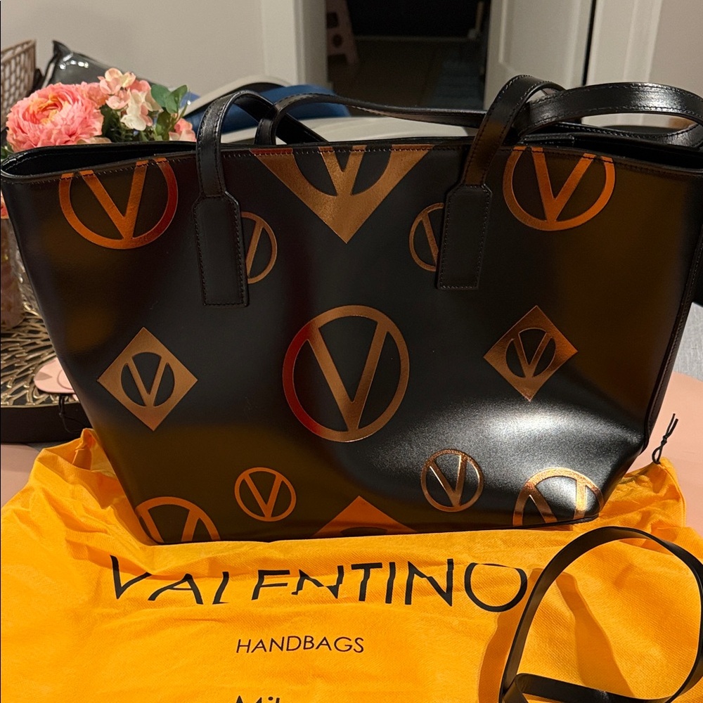 Valentino Black and Gold Logo Tote